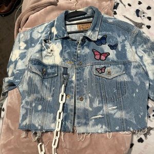 Vintage bleach dyed jean jacket. Grunge. Minnie Mouse, butterflies & chain
